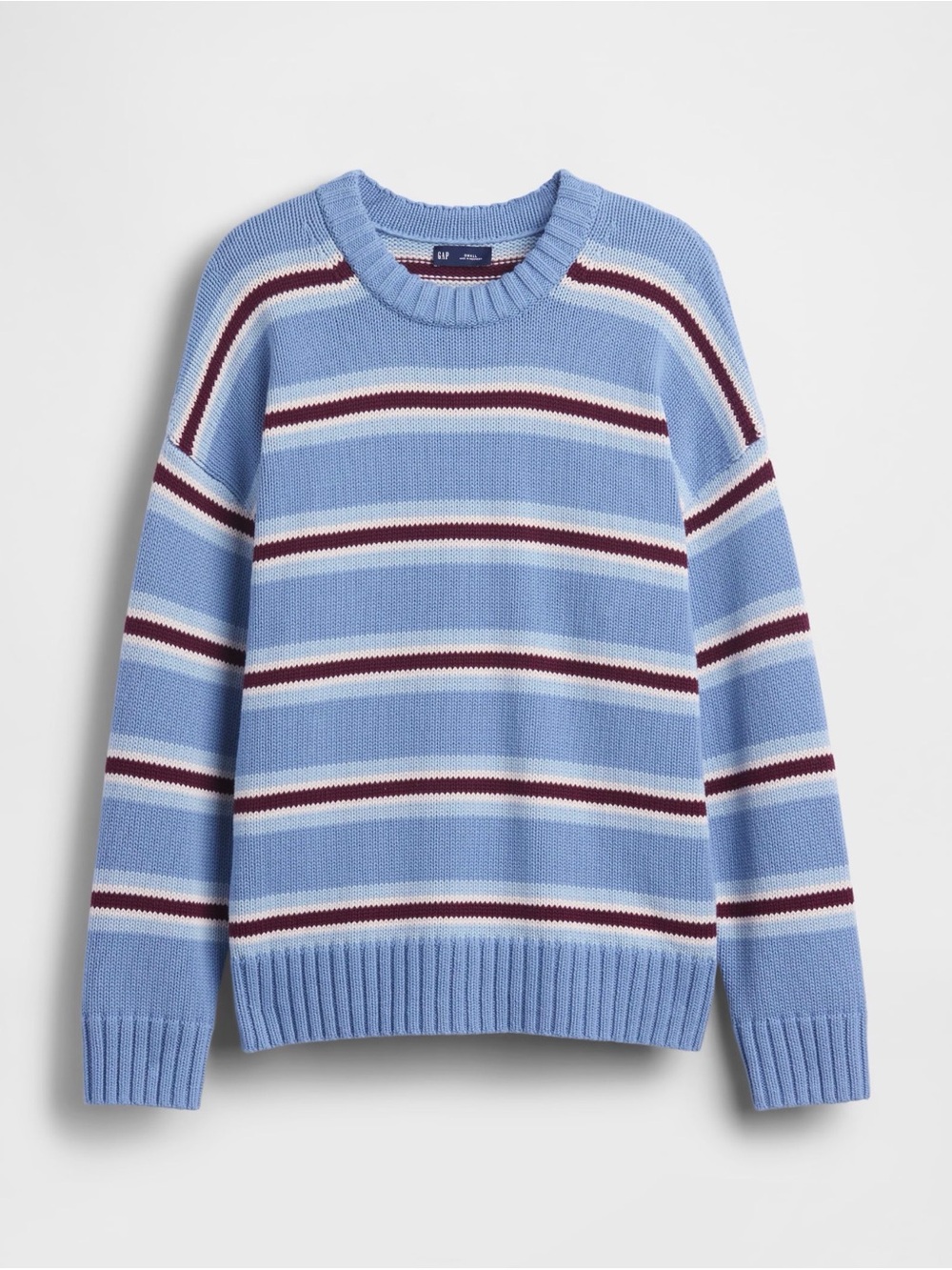 GAP Blue Striped Crewneck Sweater with Burgundy & Cream Accents